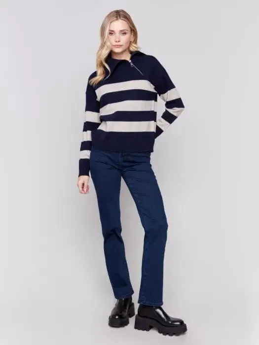 Striped Turtleneck with Side Zip