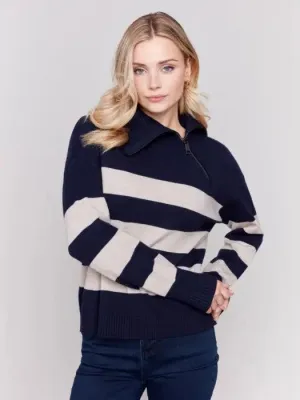 Striped Turtleneck with Side Zip