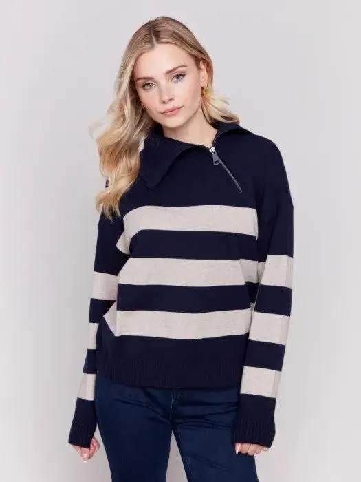 Striped Turtleneck with Side Zip