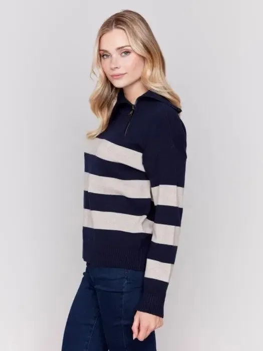 Striped Turtleneck with Side Zip