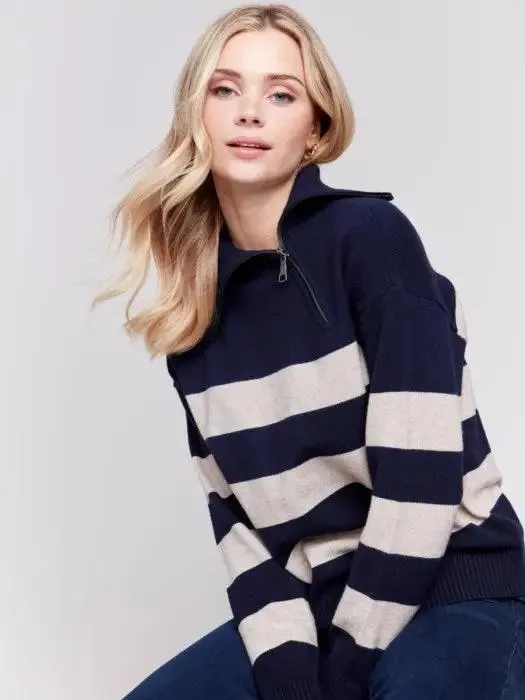 Striped Turtleneck with Side Zip