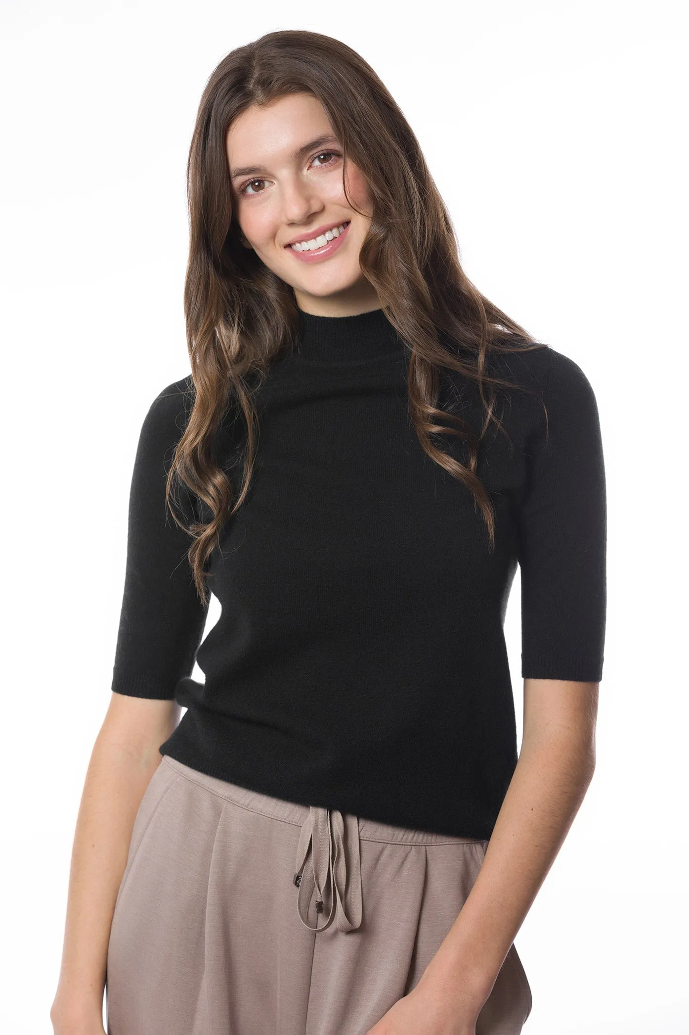 Sustainable Cashmere Short Sleeve Turtleneck Sweater - Black