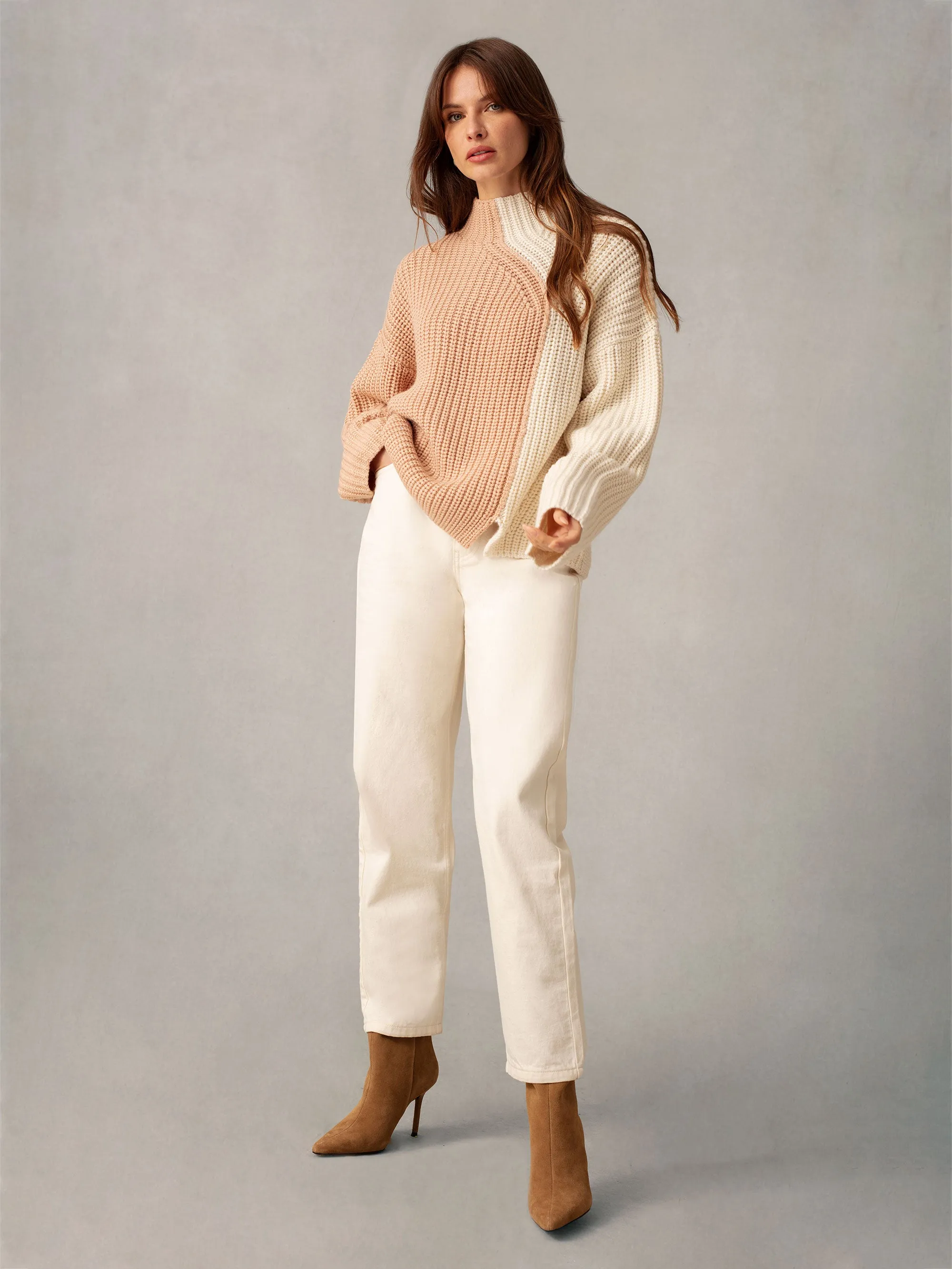 Tan Two Tone Oversized Turtleneck Jumper