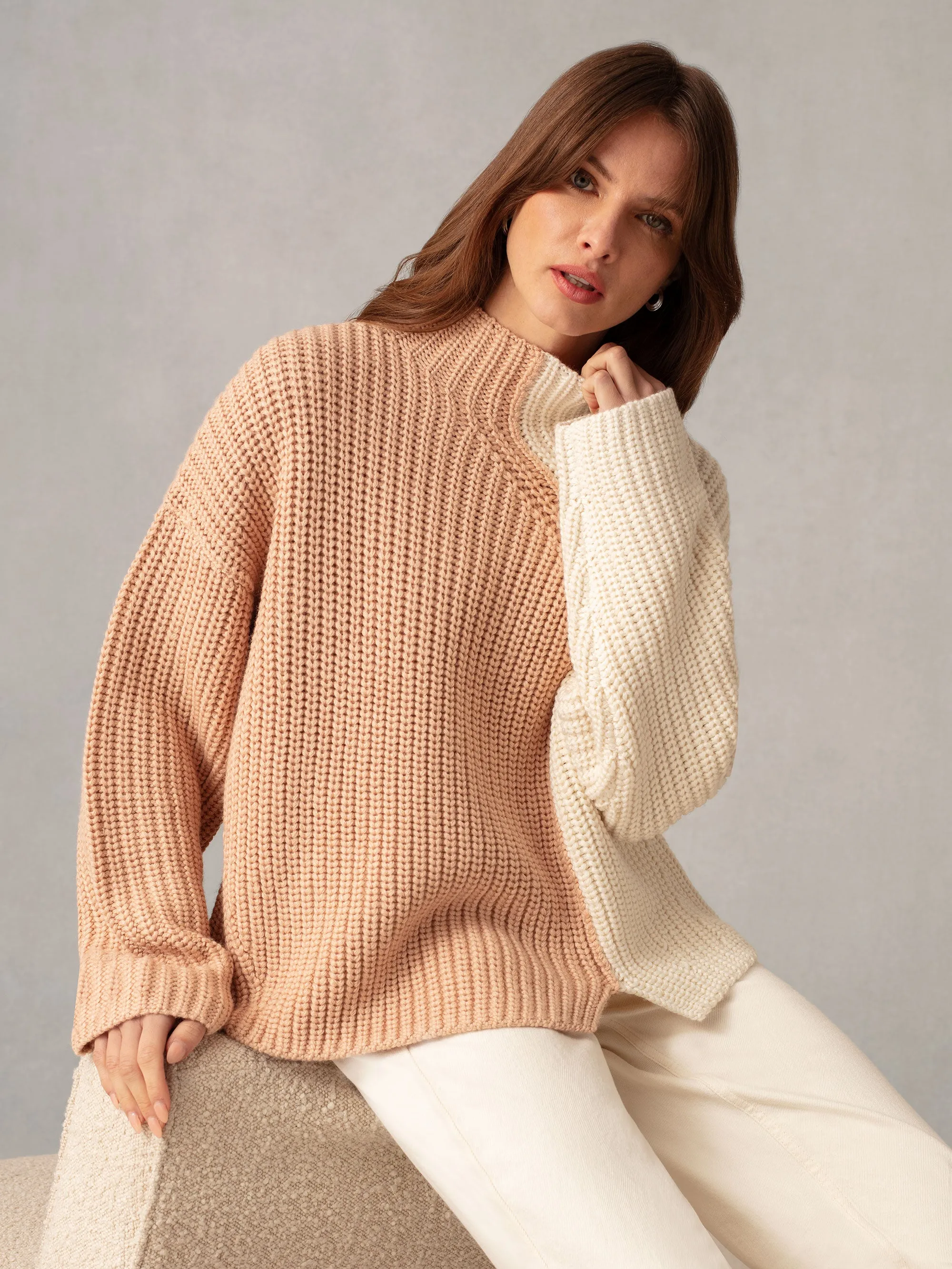 Tan Two Tone Oversized Turtleneck Jumper