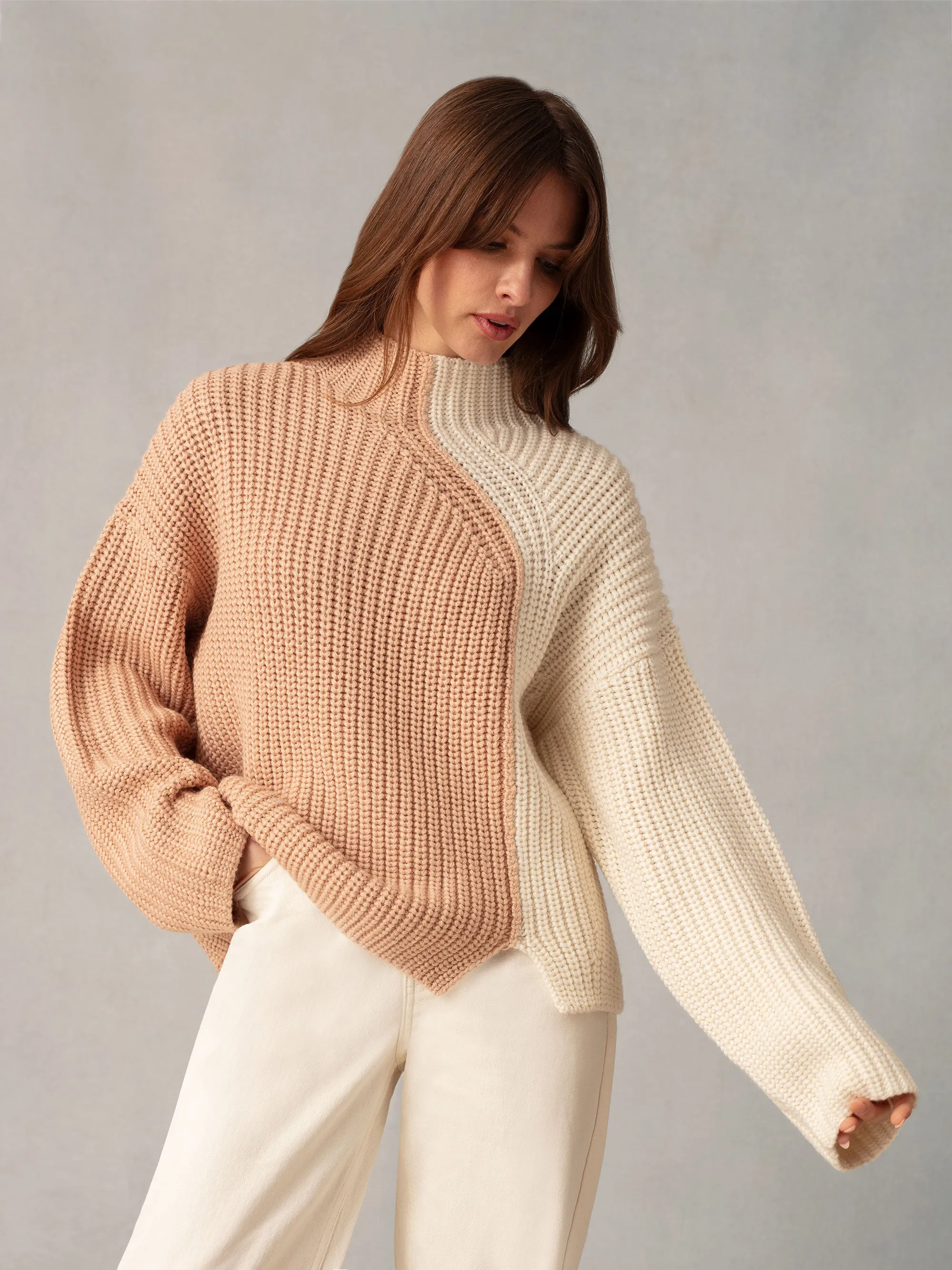 Tan Two Tone Oversized Turtleneck Jumper