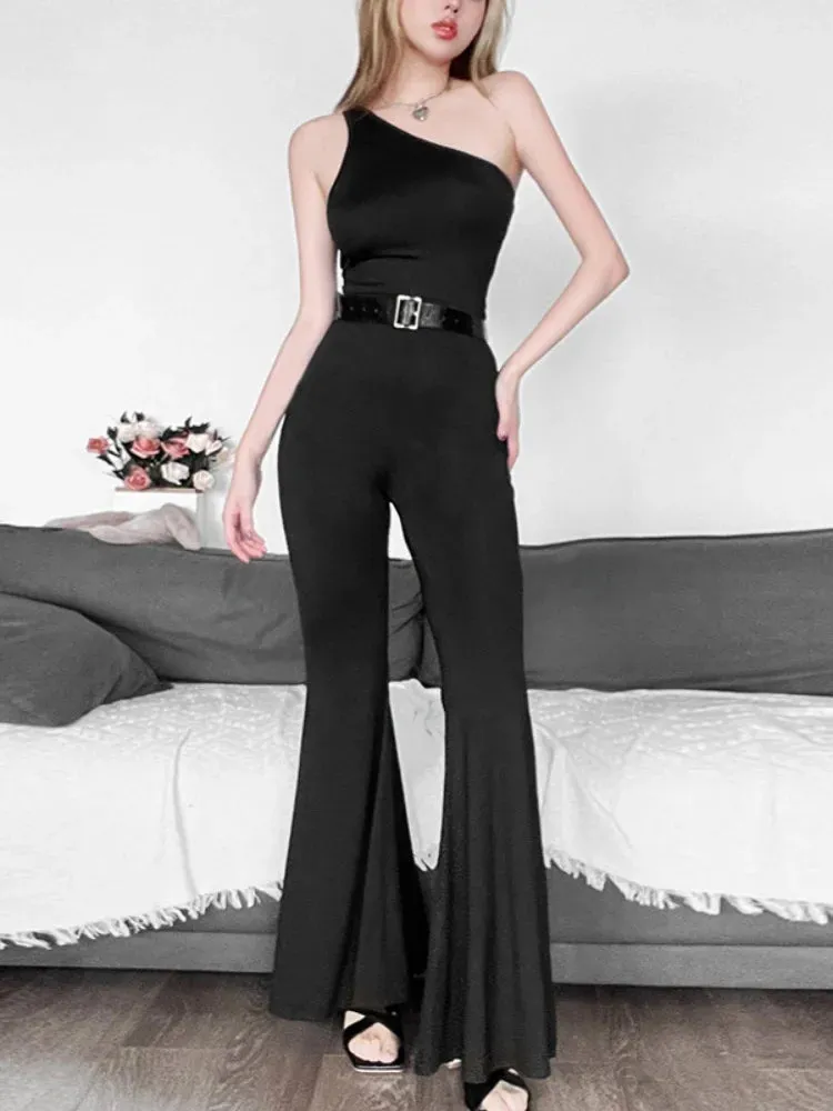 TAVIMART  -  Inclined Collar One Piece Club Outfits For Women Jumpsuit Flare Pants Overalls Combinaison Femme Bodycon Monos Mujer Elegante