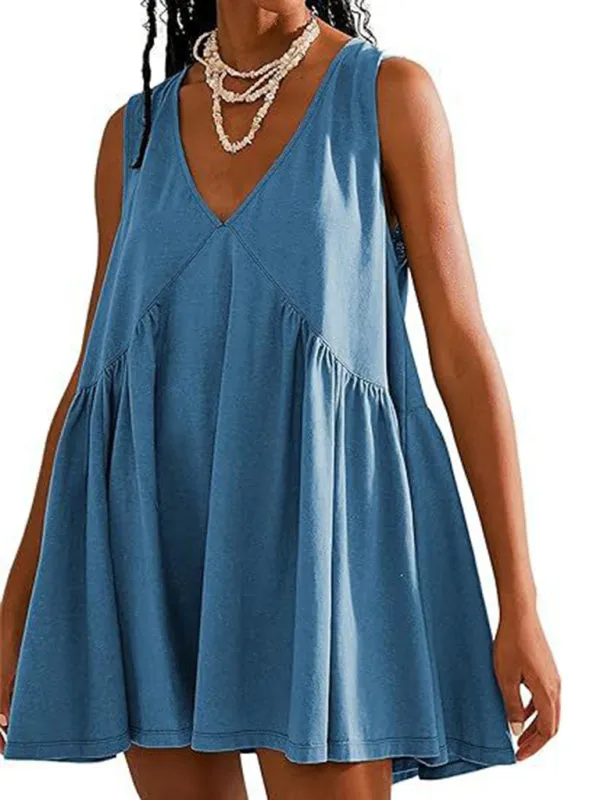 TEEK - Sleeveless V-Neck Pleated Vest Pocket Dress