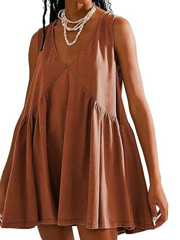 TEEK - Sleeveless V-Neck Pleated Vest Pocket Dress