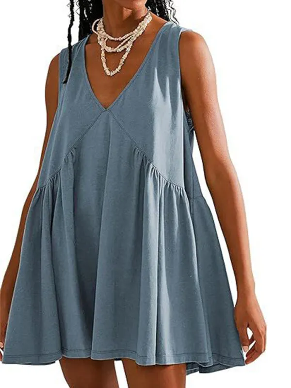 TEEK - Sleeveless V-Neck Pleated Vest Pocket Dress