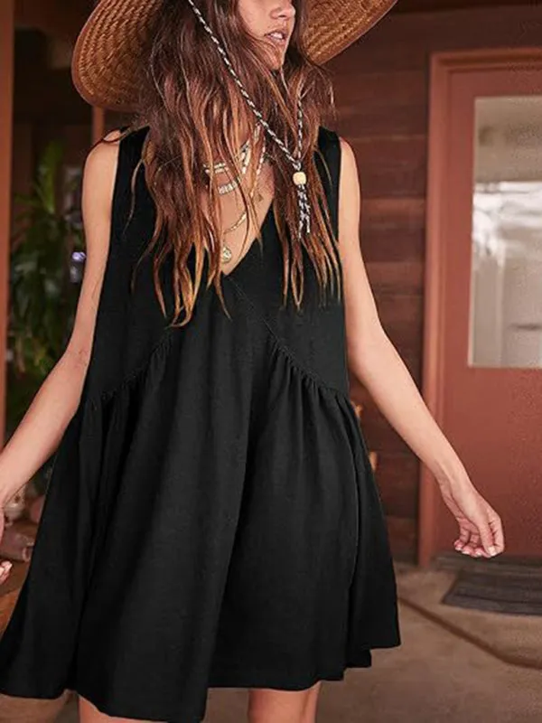 TEEK - Sleeveless V-Neck Pleated Vest Pocket Dress