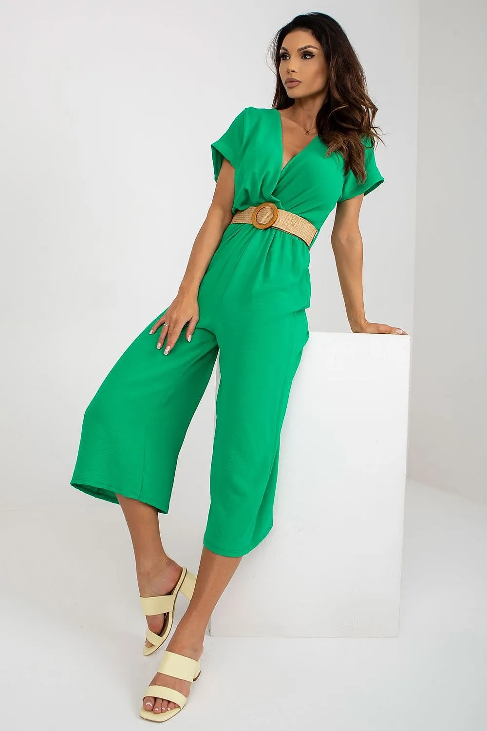 TEEK - V-Neck Cropped Belted Jumpsuit