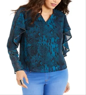 Thalia Sodi Women's Snake Print Ruffled Sleeve Top Blue Size Large