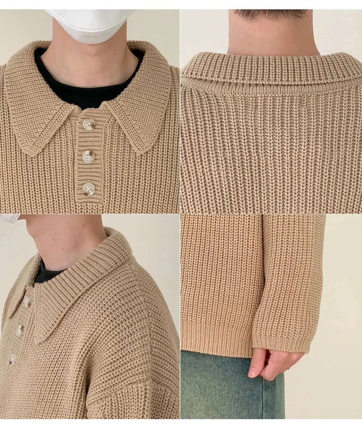 Thick Knitted Textile Polo Collar Sweater