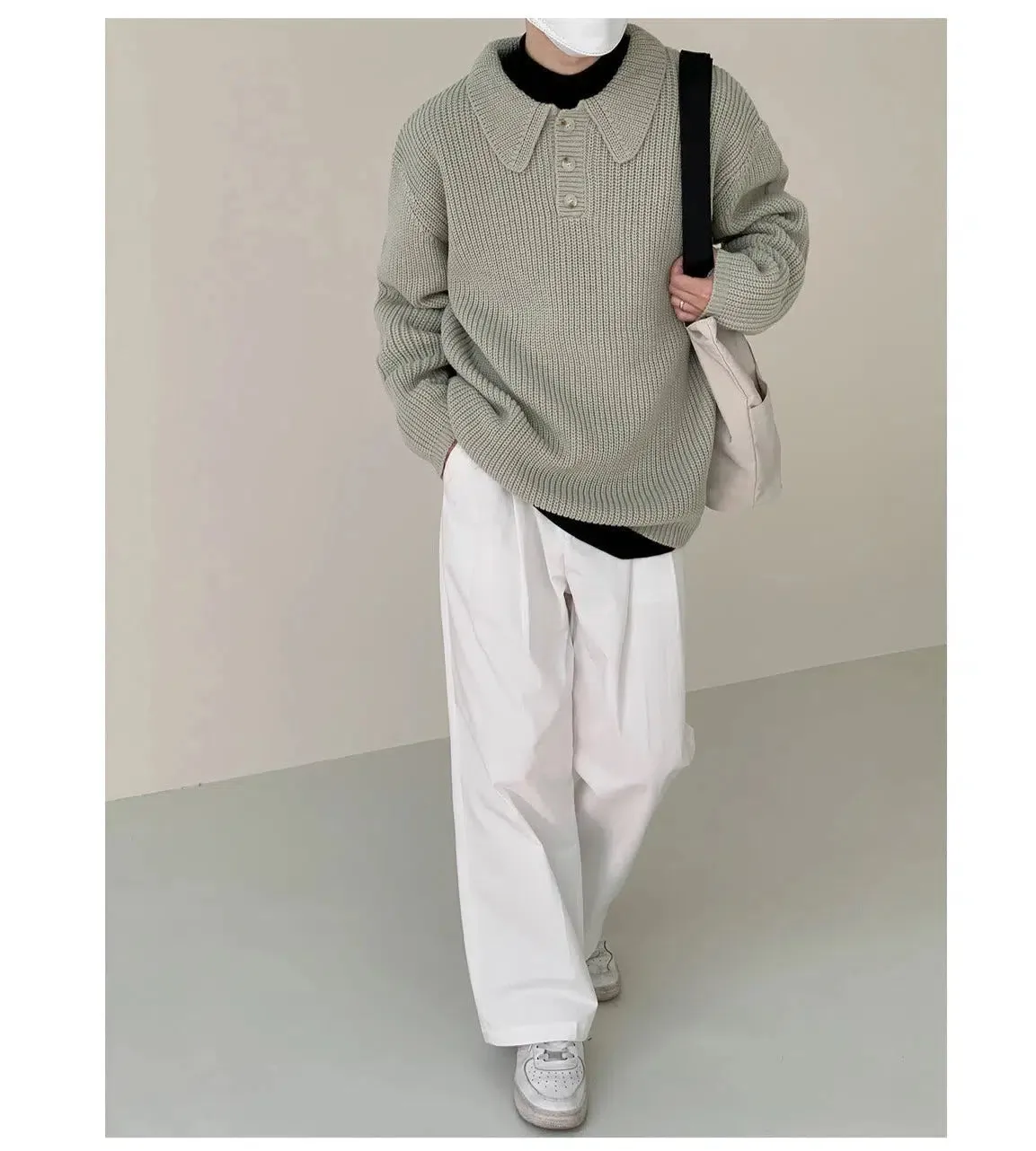 Thick Knitted Textile Polo Collar Sweater