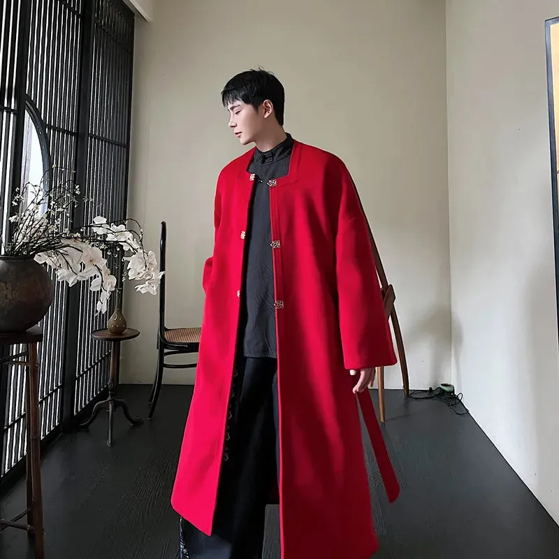 Trend Men's Wool Overcoat Winter New Chinese Style Hanfu Square Collar Long Coat Solid Color Woolen Windbreaker 9C3455