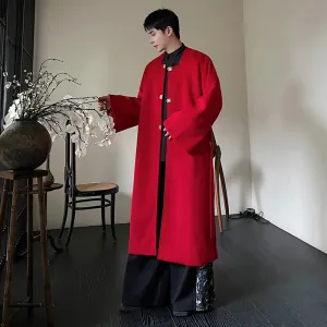 Trend Men's Wool Overcoat Winter New Chinese Style Hanfu Square Collar Long Coat Solid Color Woolen Windbreaker 9C3455