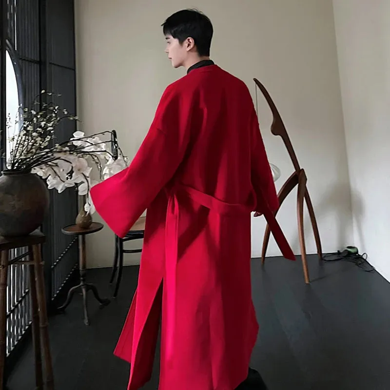 Trend Men's Wool Overcoat Winter New Chinese Style Hanfu Square Collar Long Coat Solid Color Woolen Windbreaker 9C3455