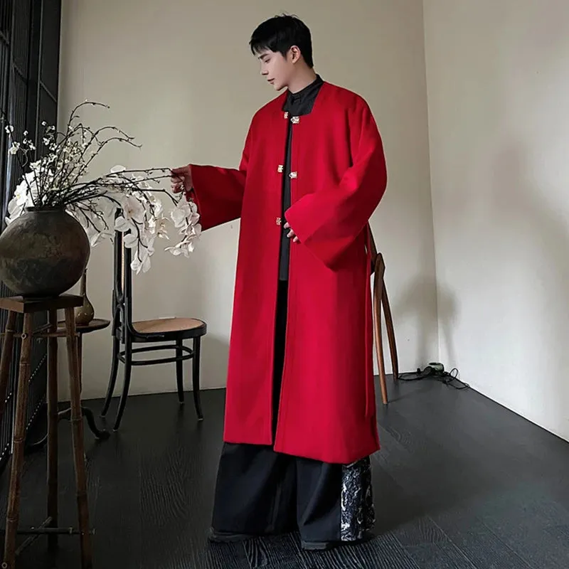 Trend Men's Wool Overcoat Winter New Chinese Style Hanfu Square Collar Long Coat Solid Color Woolen Windbreaker 9C3455