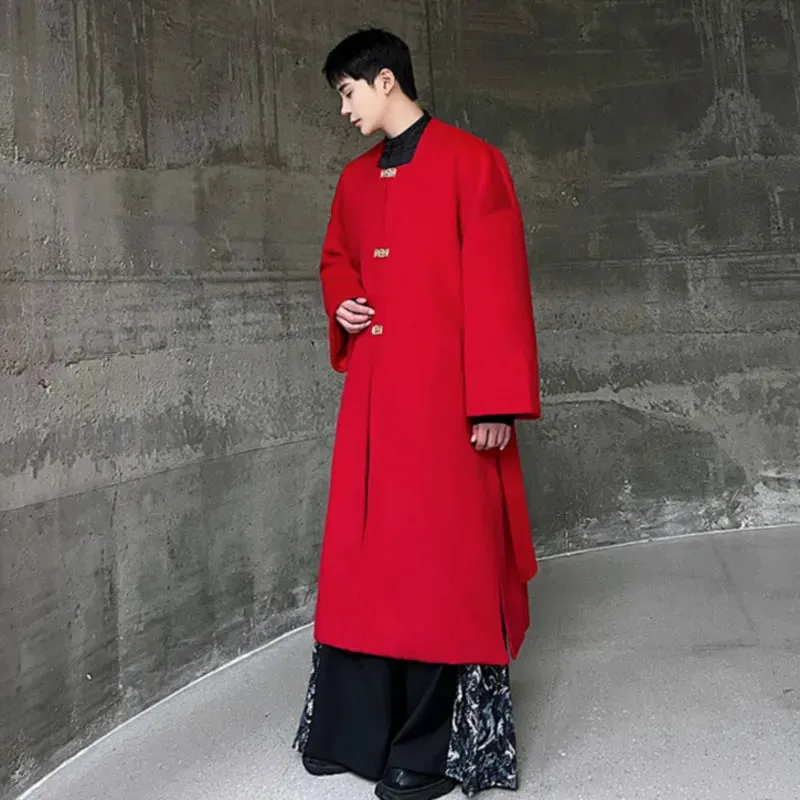 Trend Men's Wool Overcoat Winter New Chinese Style Hanfu Square Collar Long Coat Solid Color Woolen Windbreaker 9C3455