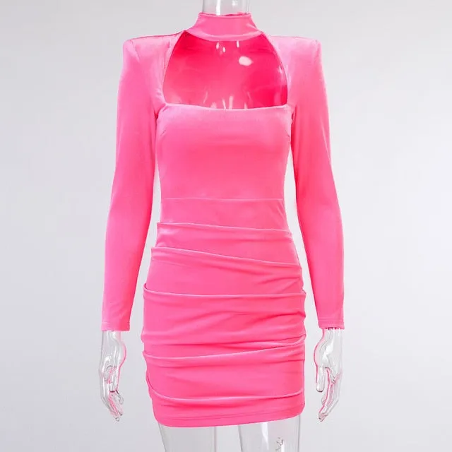 Trendy Long Sleeve Hollow Out Shoulder Pad Party Dress