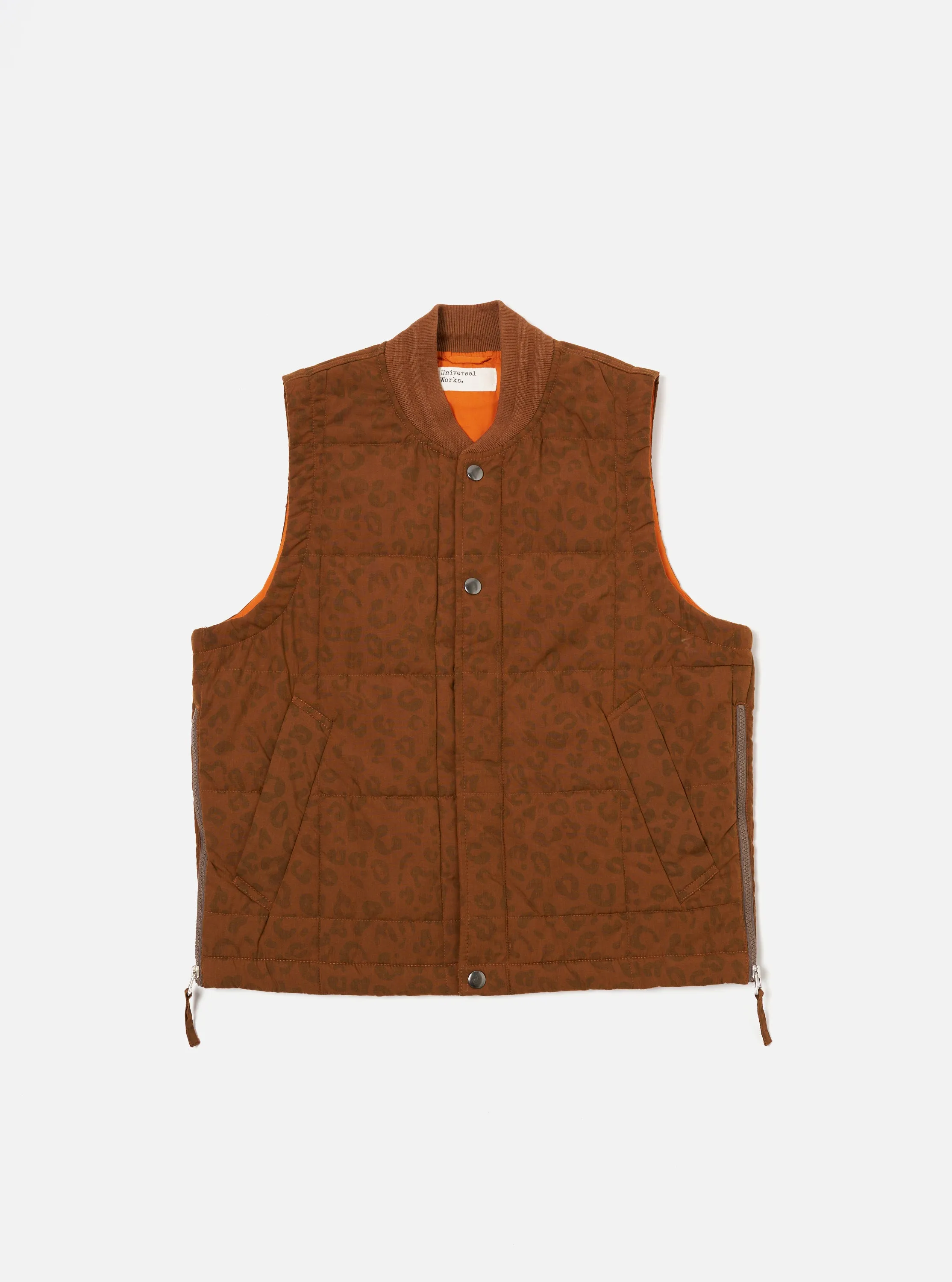 Universal Works Carlton Gilet in Orange Leopard Recycled Polytech