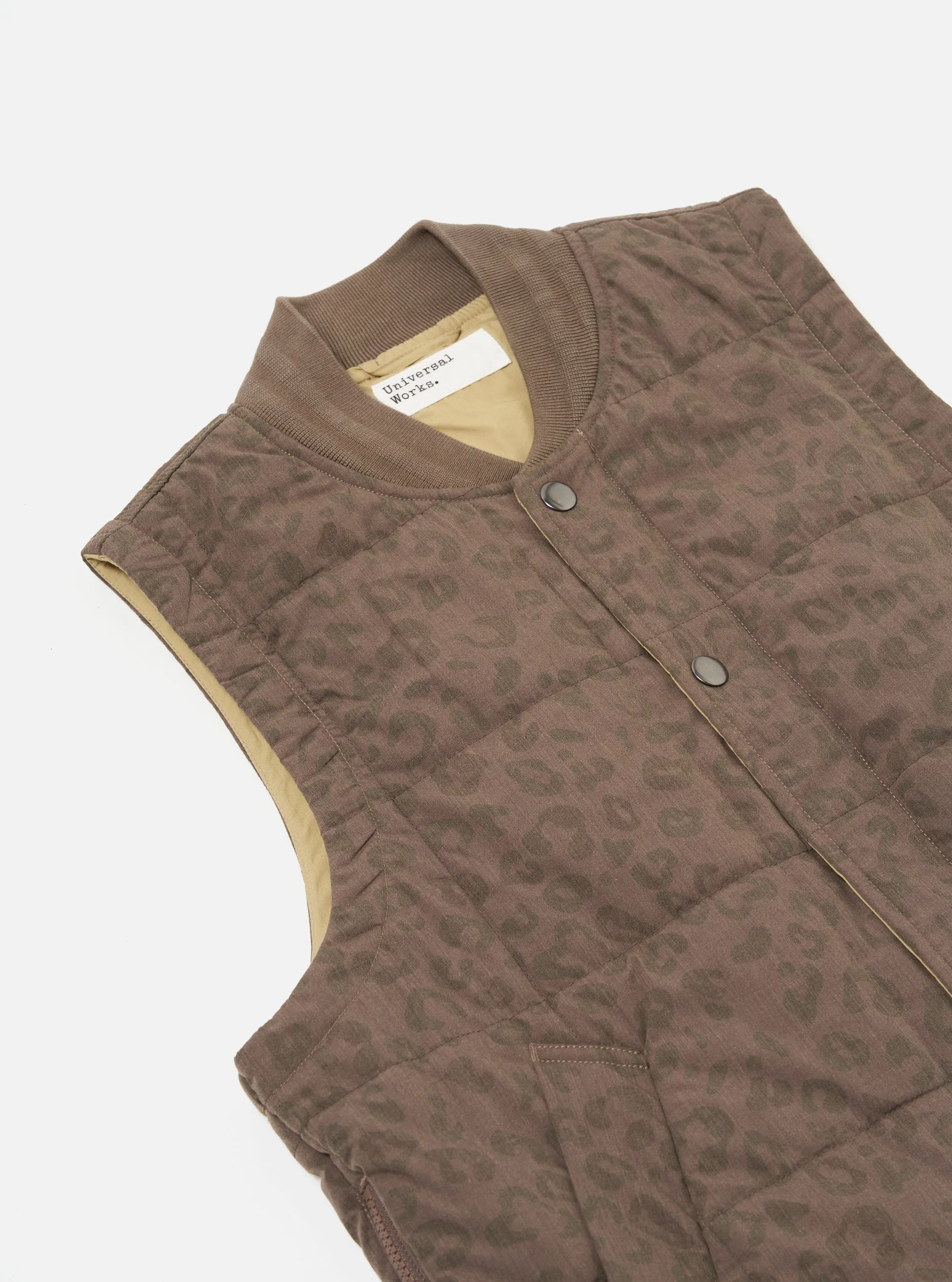 Universal Works Carlton Gilet in Sand Leopard Recycled Polytech