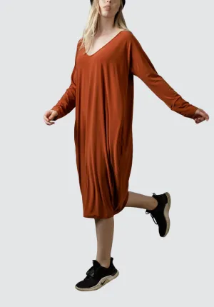 V Neck Cocoon Dress | Rust