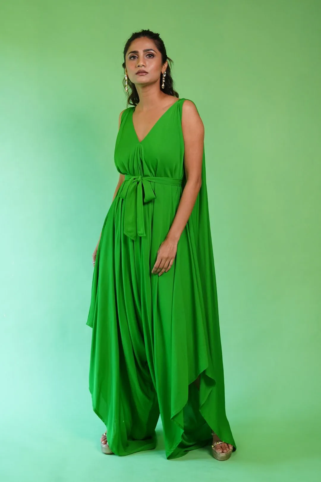 ‘V’ Neck Parrot Green Boho Jumpsuit