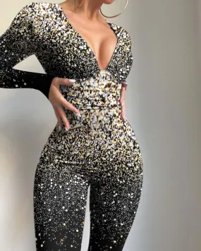 V Neck Print Bodycon Jumpsuit Long Sleeve