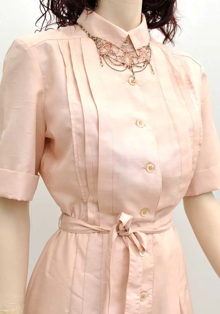 Vintage 70s Shell Pink Silk Shirt Waister Dress • Gérard Pasquier