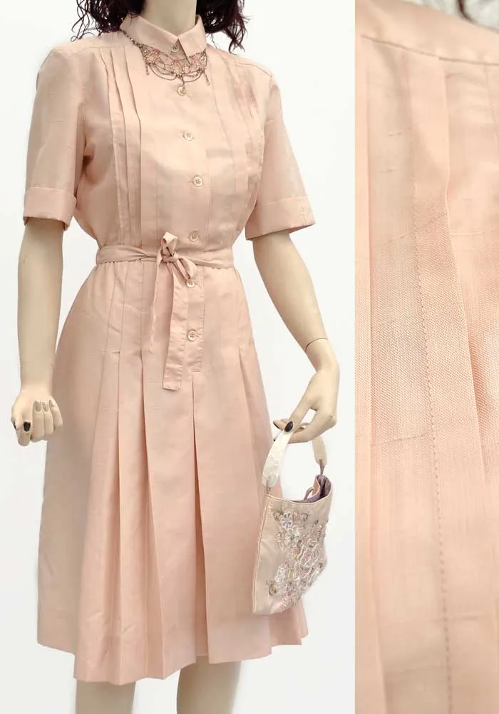 Vintage 70s Shell Pink Silk Shirt Waister Dress • Gérard Pasquier