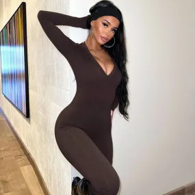 Vintage Deep V Neck Long Sleeve Bodycon Ribbed Jumpsuit - Coffee