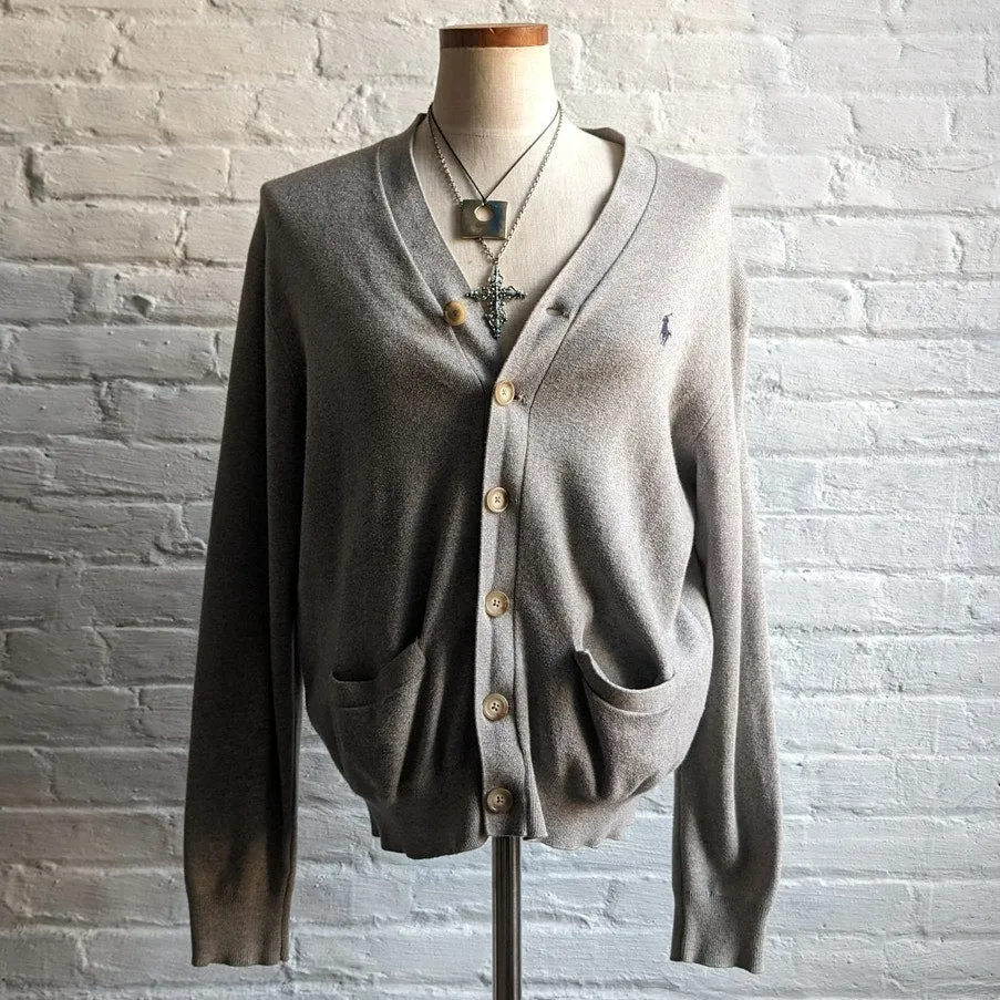 Vintage Polo Ralph Lauren Grey Cardigan 90s Minimalist Preppy Granny Sweater Top