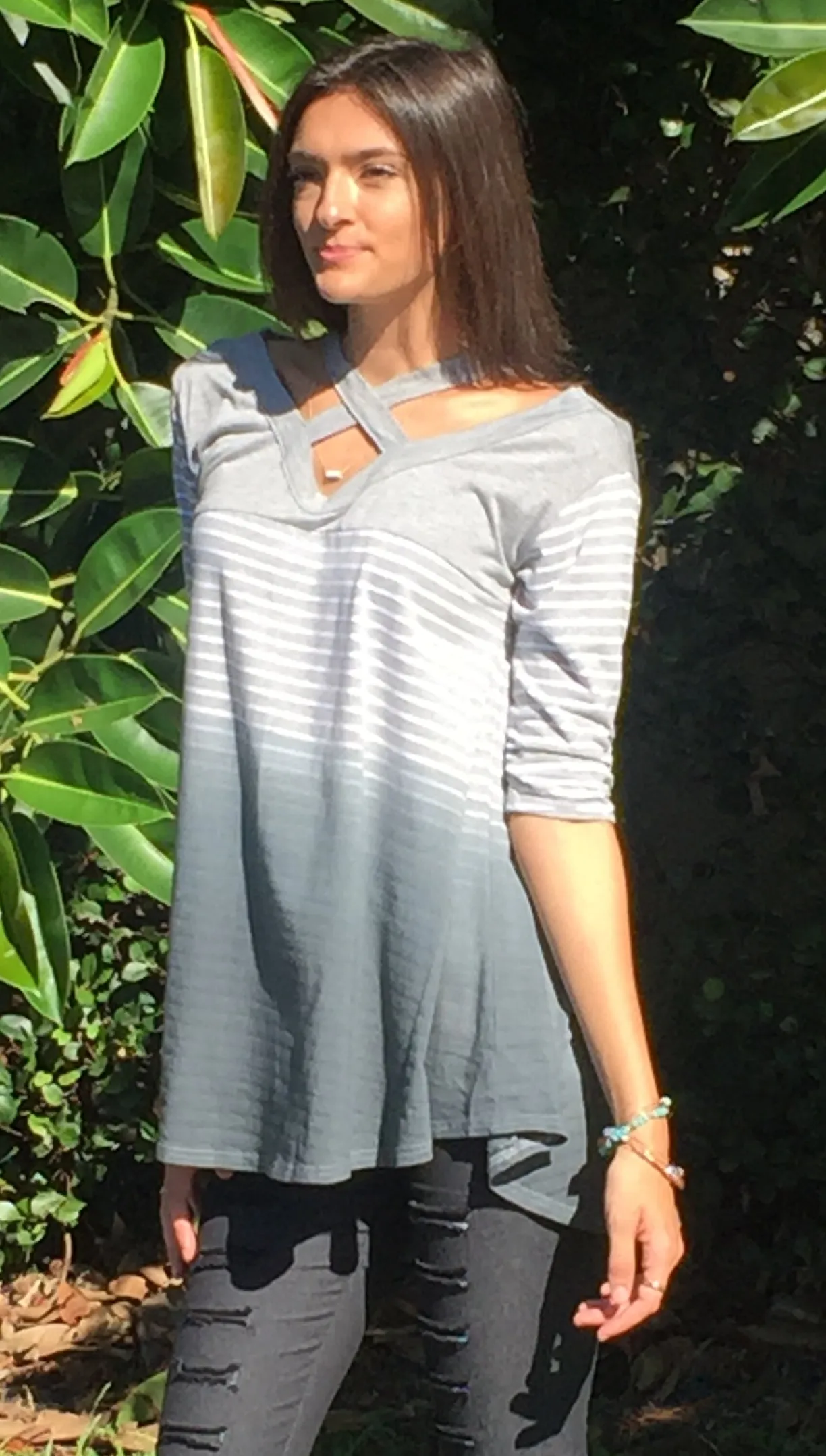 Washed Ombre Striped Tunic, Grey