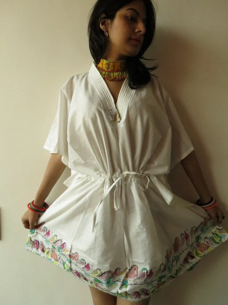 White Little Chirpes V-Neck, Knee Length, Cinched Waist Caftan