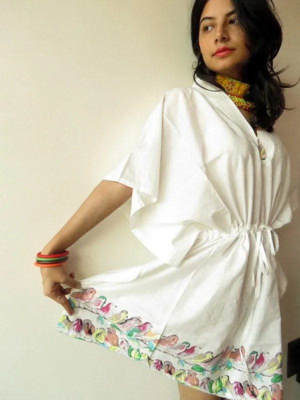 White Little Chirpes V-Neck, Knee Length, Cinched Waist Caftan