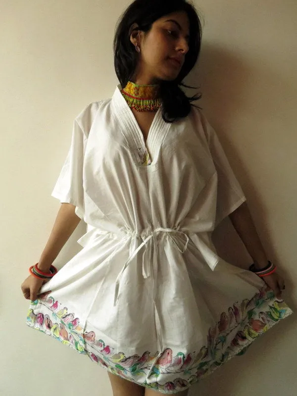 White Little Chirpes V-Neck, Knee Length, Cinched Waist Caftan