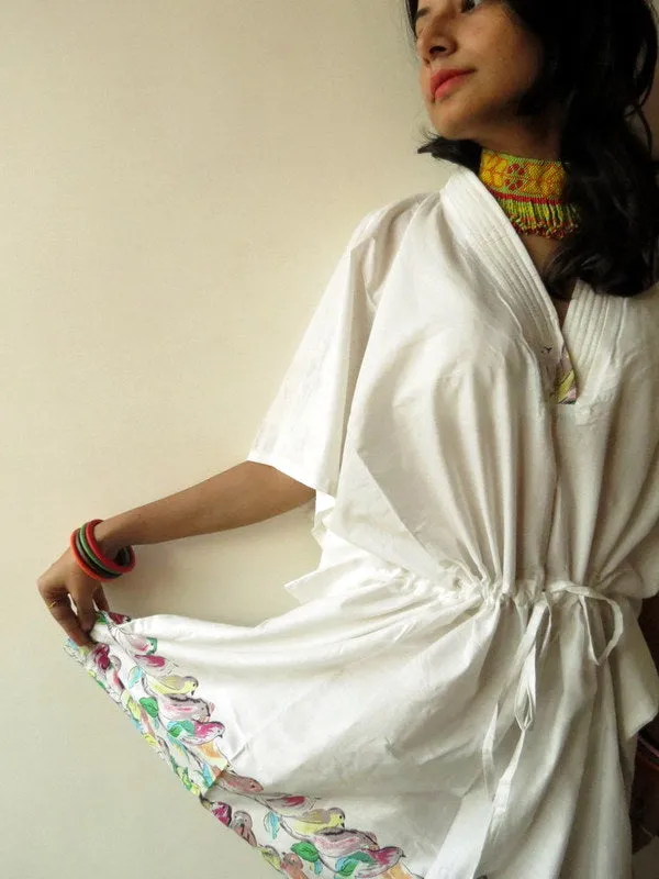 White Little Chirpes V-Neck, Knee Length, Cinched Waist Caftan