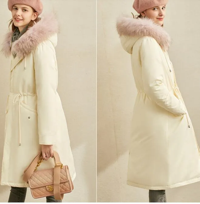 White Long Fur Trim Women Winter Loose Plus size Side Pockets Down Jacket Women Down Coats Any Size