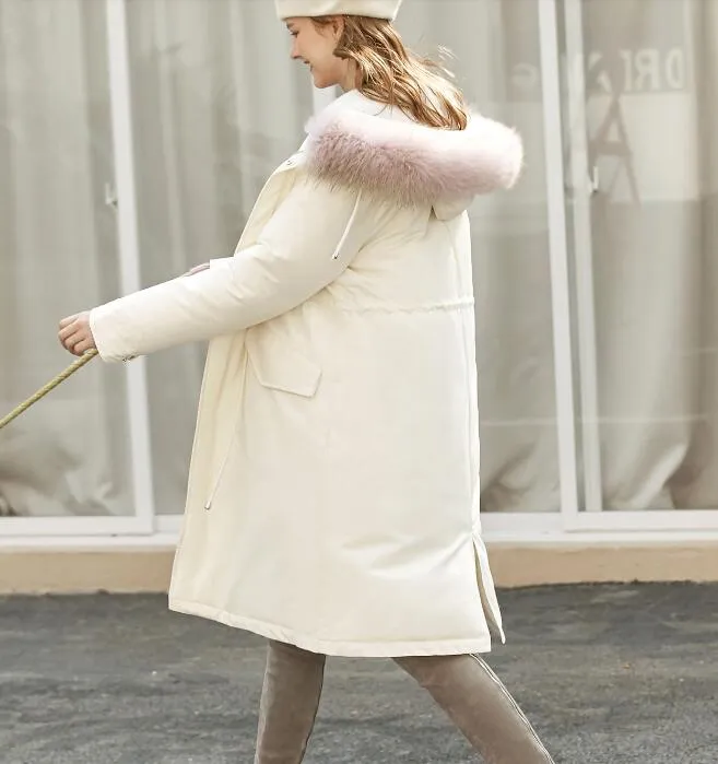 White Long Fur Trim Women Winter Loose Plus size Side Pockets Down Jacket Women Down Coats Any Size