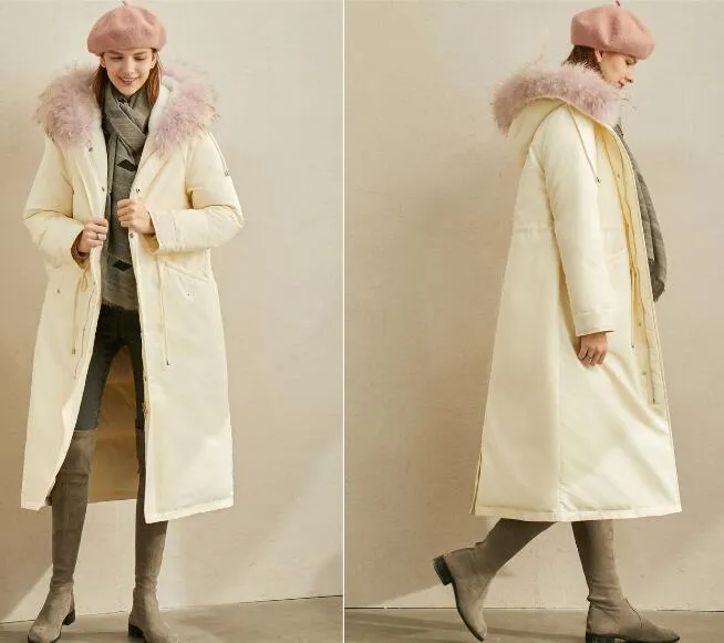 White Long Fur Trim Women Winter Loose Plus size Side Pockets Down Jacket Women Down Coats Any Size