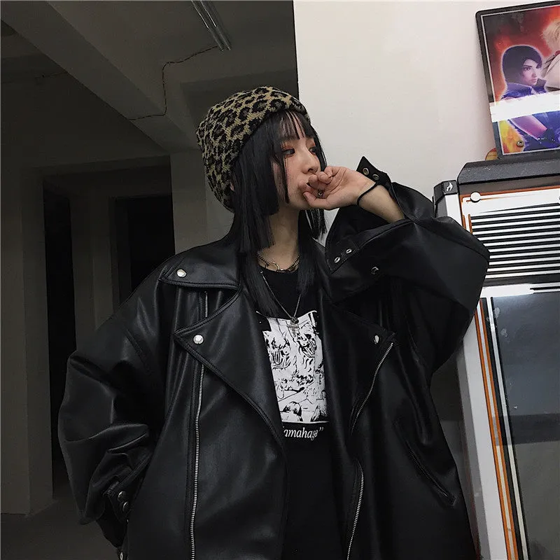 Wiaofellas/men's wear 2021 Autumn fashion new streetwear Black PU Leather oversize Jacket Loose Zipper Korean hip hop coat 9Y1188