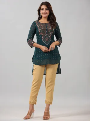 Women Green Georgette Printed High-Low Straight Tunic