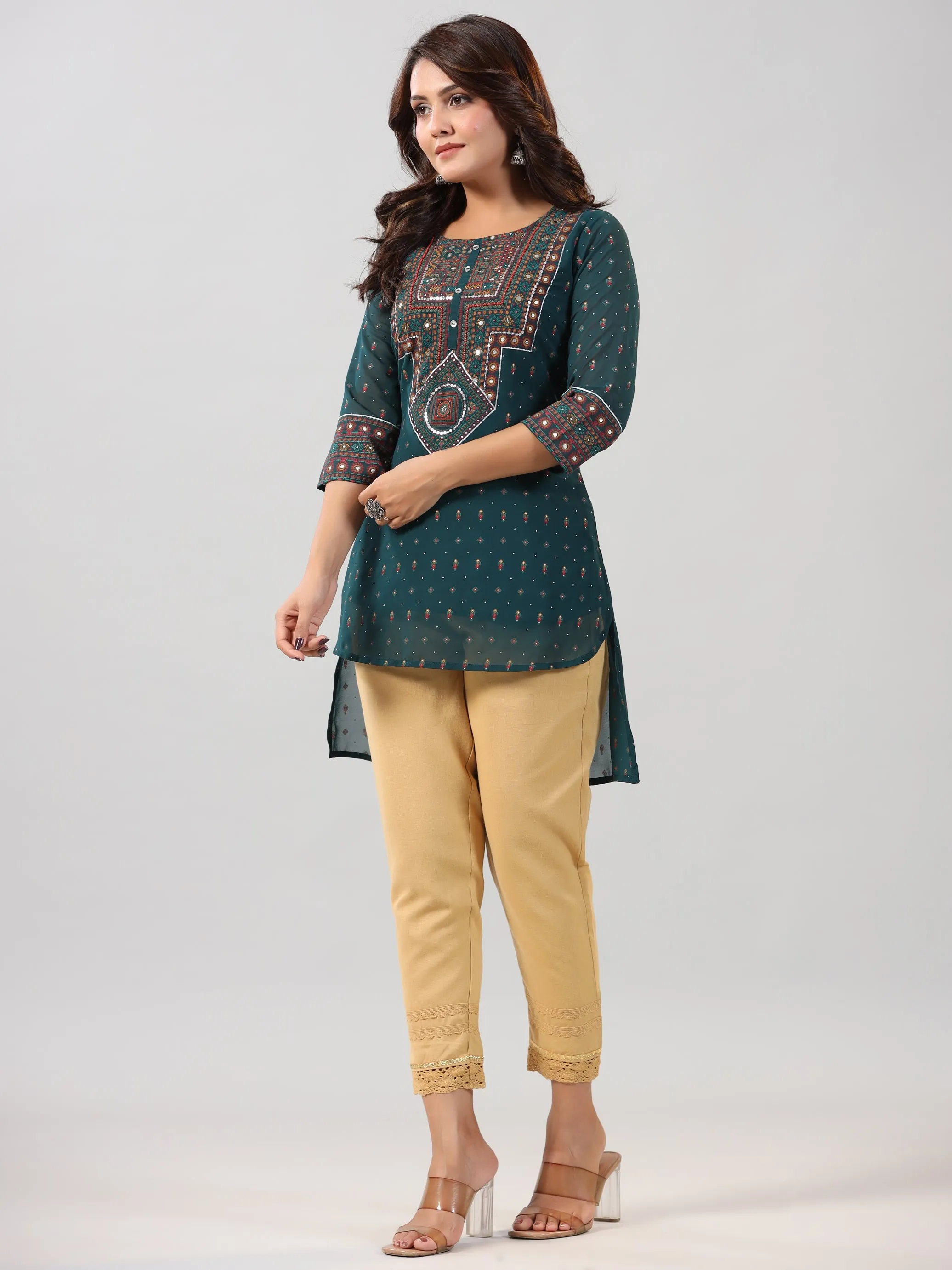 Women Green Georgette Printed High-Low Straight Tunic