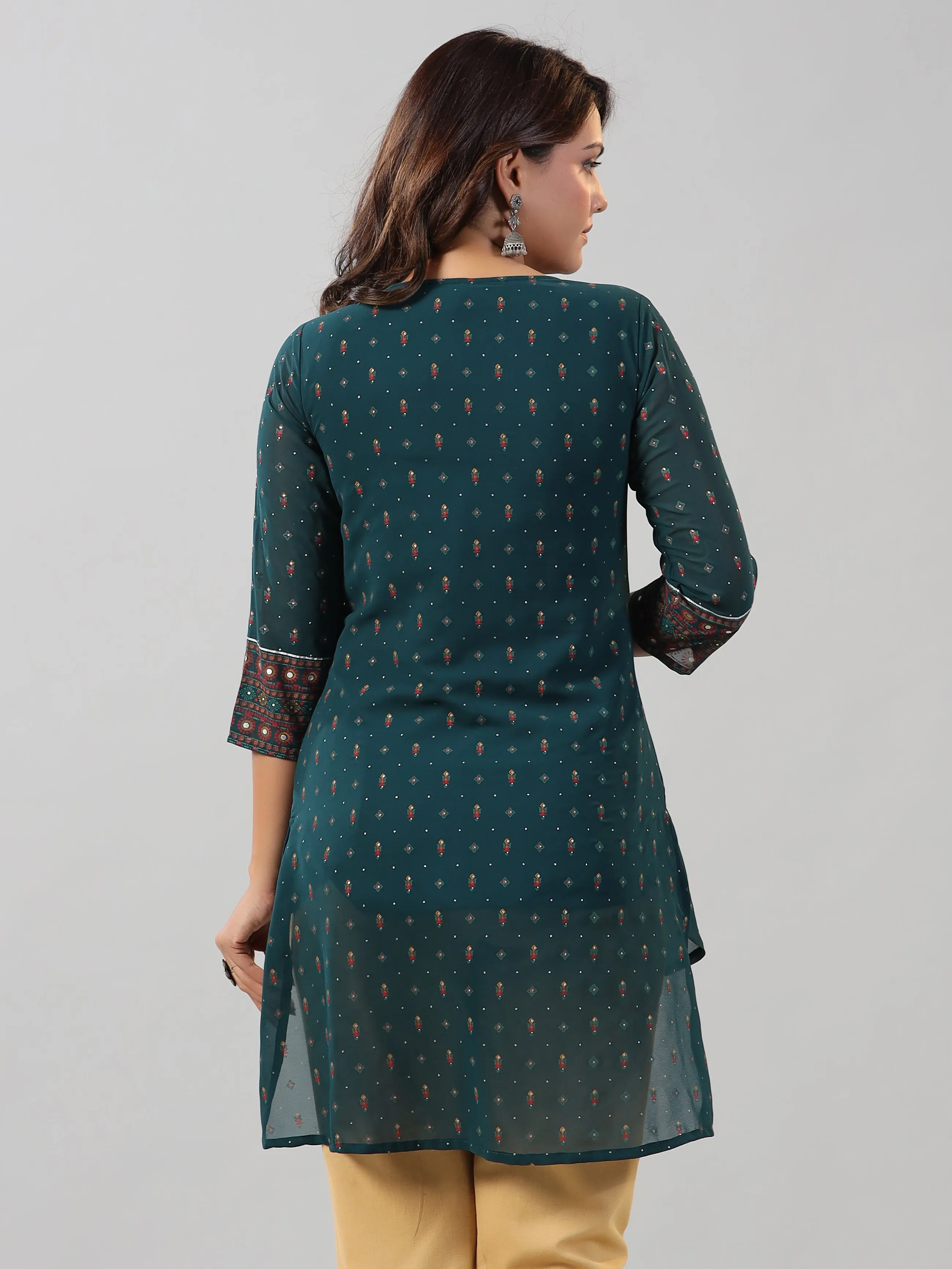 Women Green Georgette Printed High-Low Straight Tunic