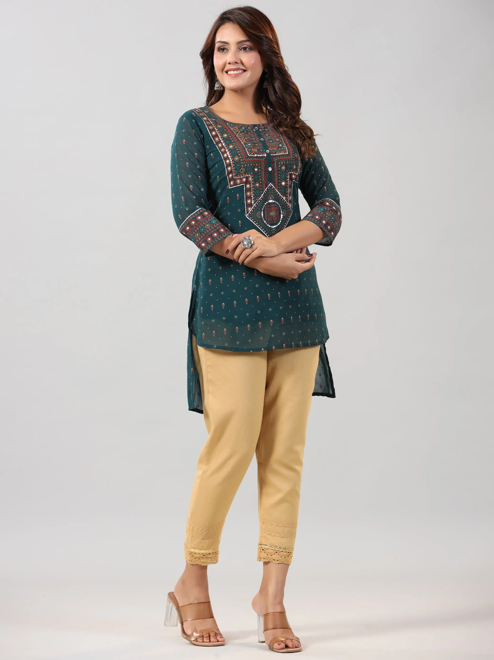 Women Green Georgette Printed High-Low Straight Tunic