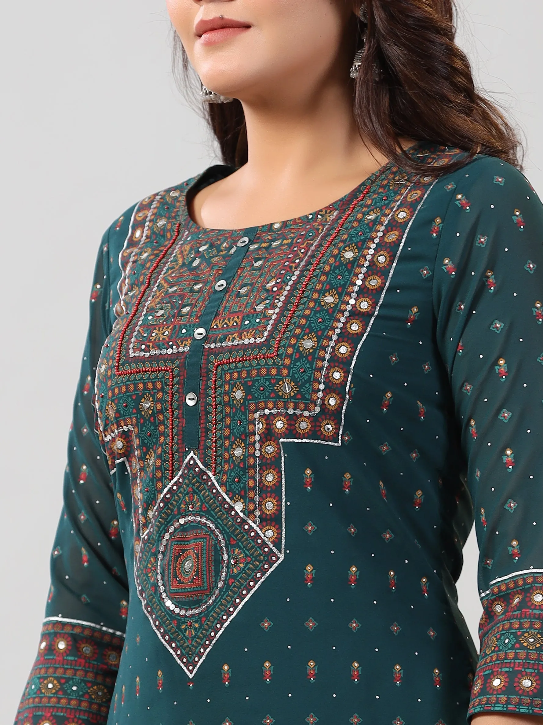 Women Green Georgette Printed High-Low Straight Tunic