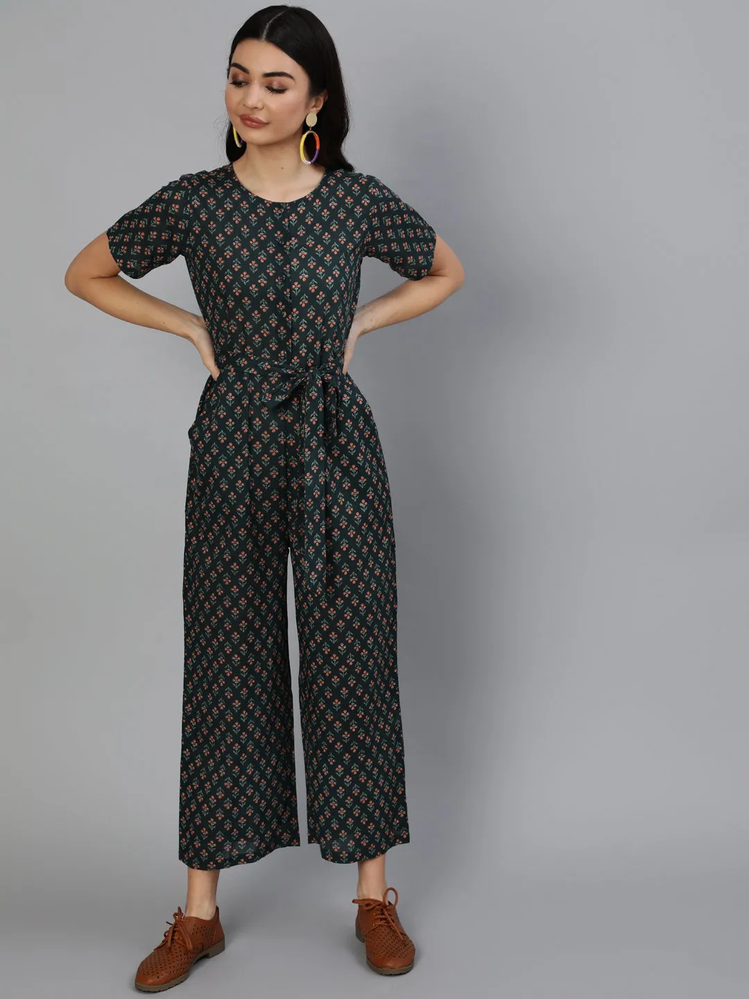 Women Green Printed Jumpsuit With Side Pockets