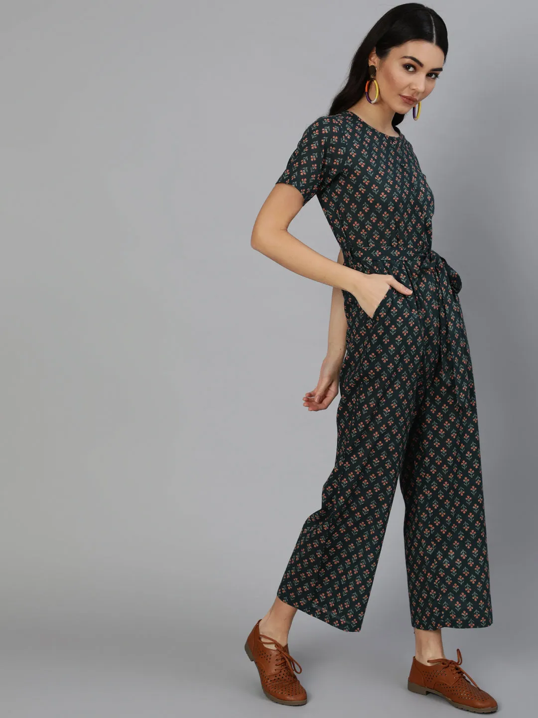 Women Green Printed Jumpsuit With Side Pockets