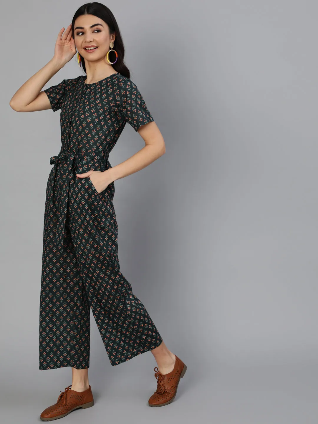 Women Green Printed Jumpsuit With Side Pockets